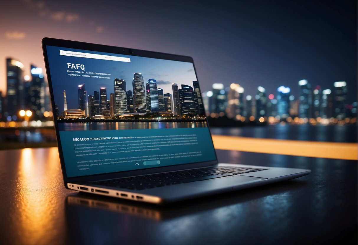 A laptop displaying a FAQ webpage, surrounded by promotional graphics and icons, with a Singaporean skyline in the background