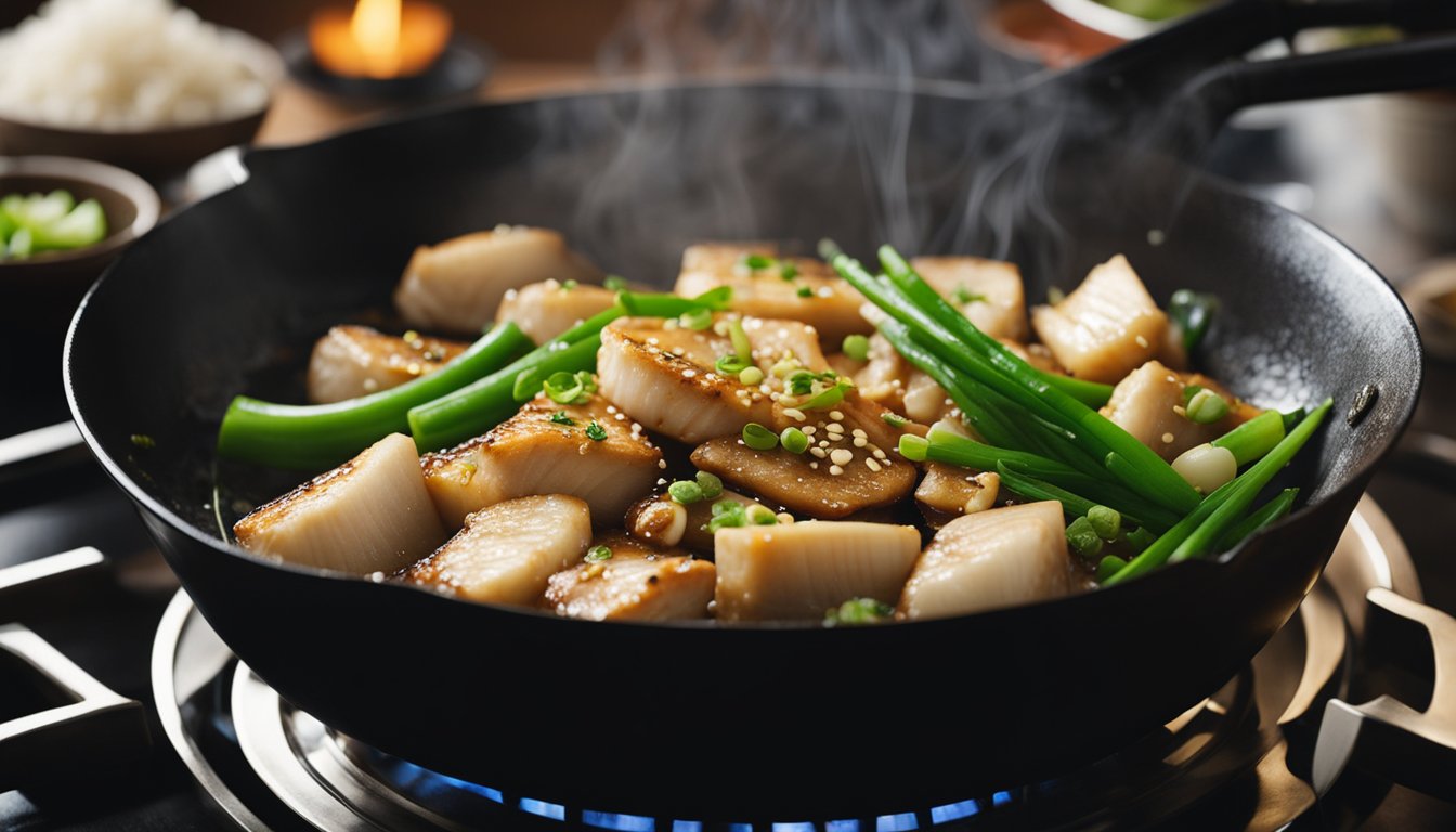 A wok sizzles with garlic, ginger, and green onions as a whole cod fish is gently simmered in a savory soy sauce and Chinese cooking wine