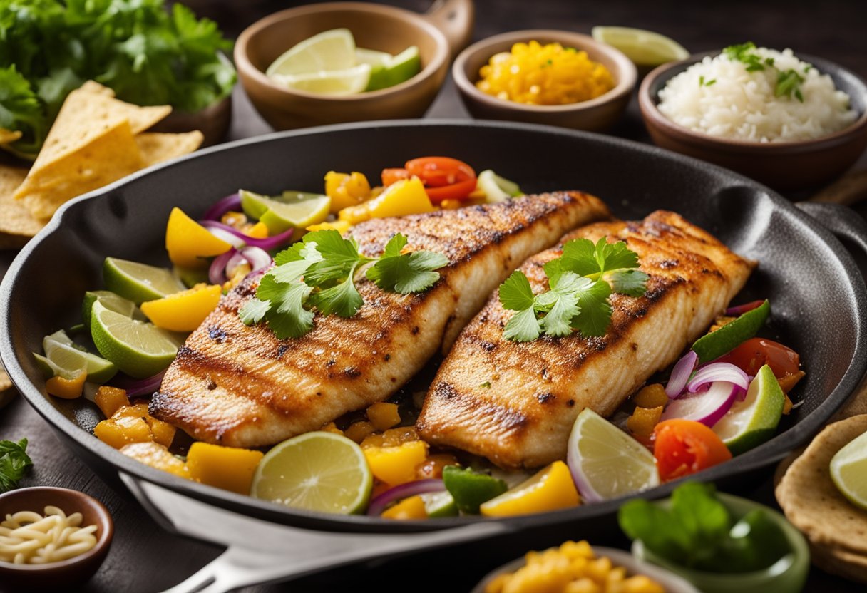 Golden-brown fish fillets sizzling in a pan, surrounded by colorful toppings and warm tortillas