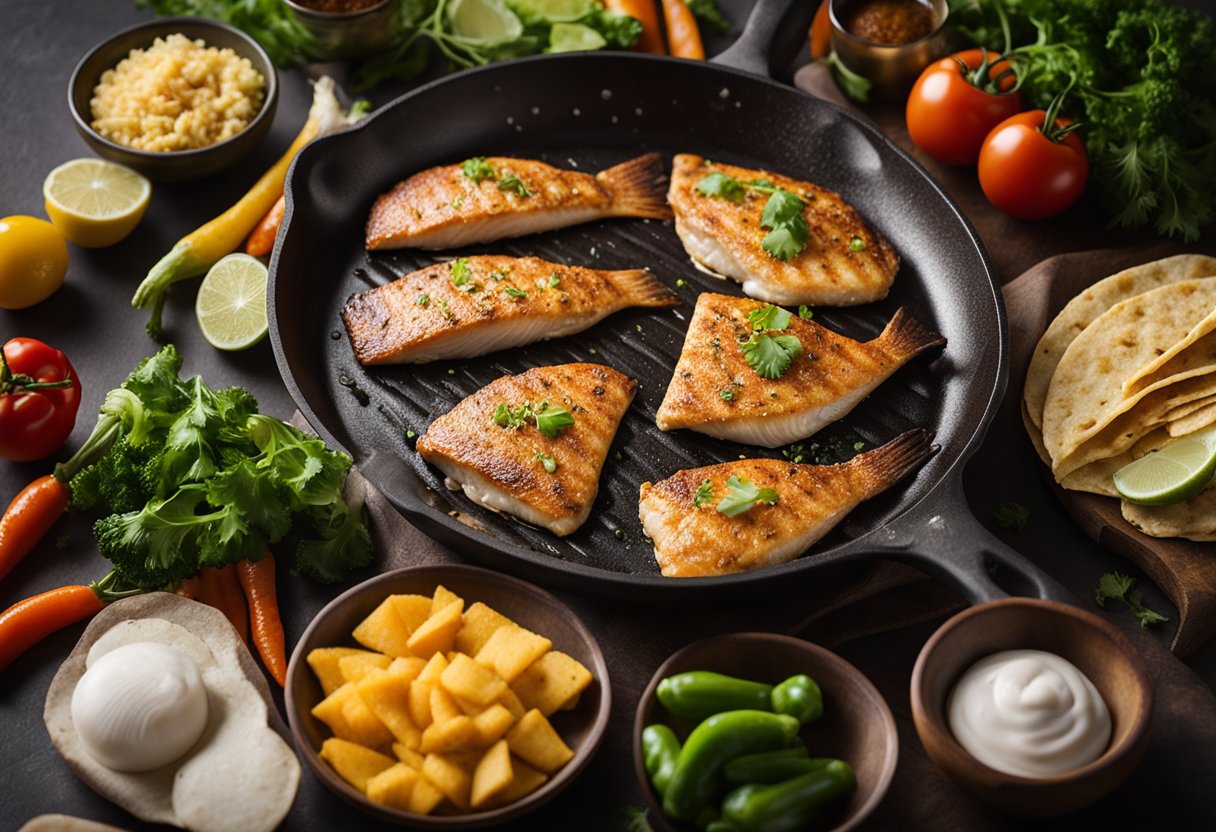 Golden-brown fish fillets sizzle in a hot skillet. Beside them, a colorful array of fresh vegetables and warm tortillas await assembly