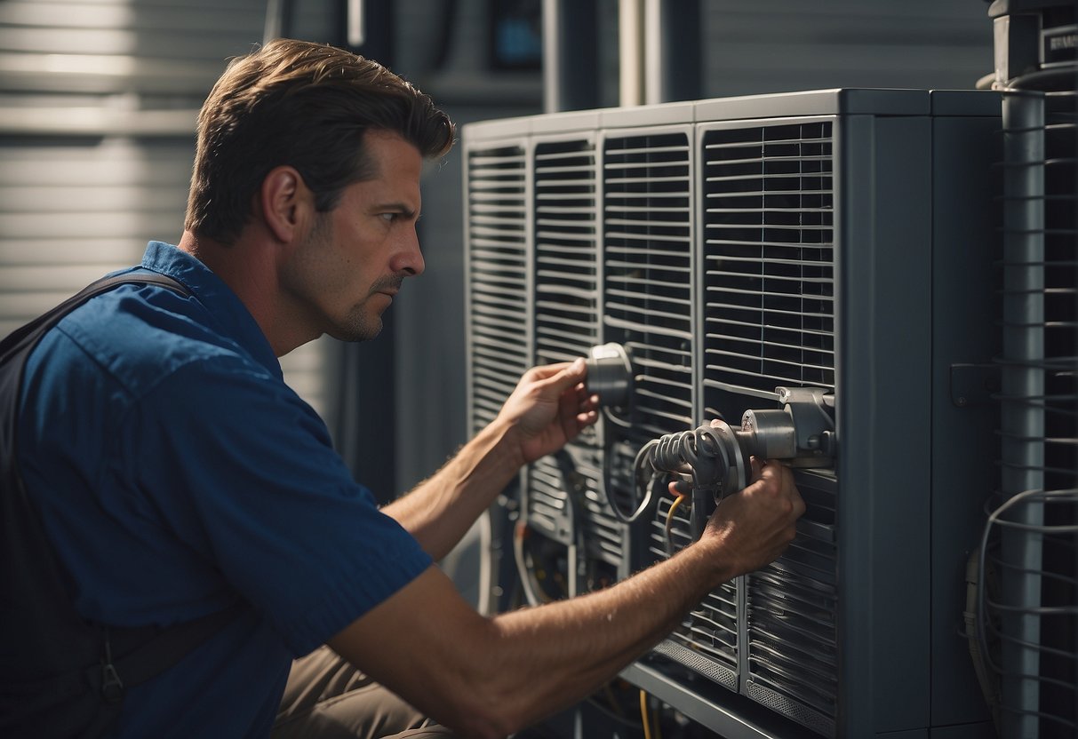 A technician performing routine HVAC maintenance on a system, checking filters, cleaning coils, and inspecting ductwork for potential issues