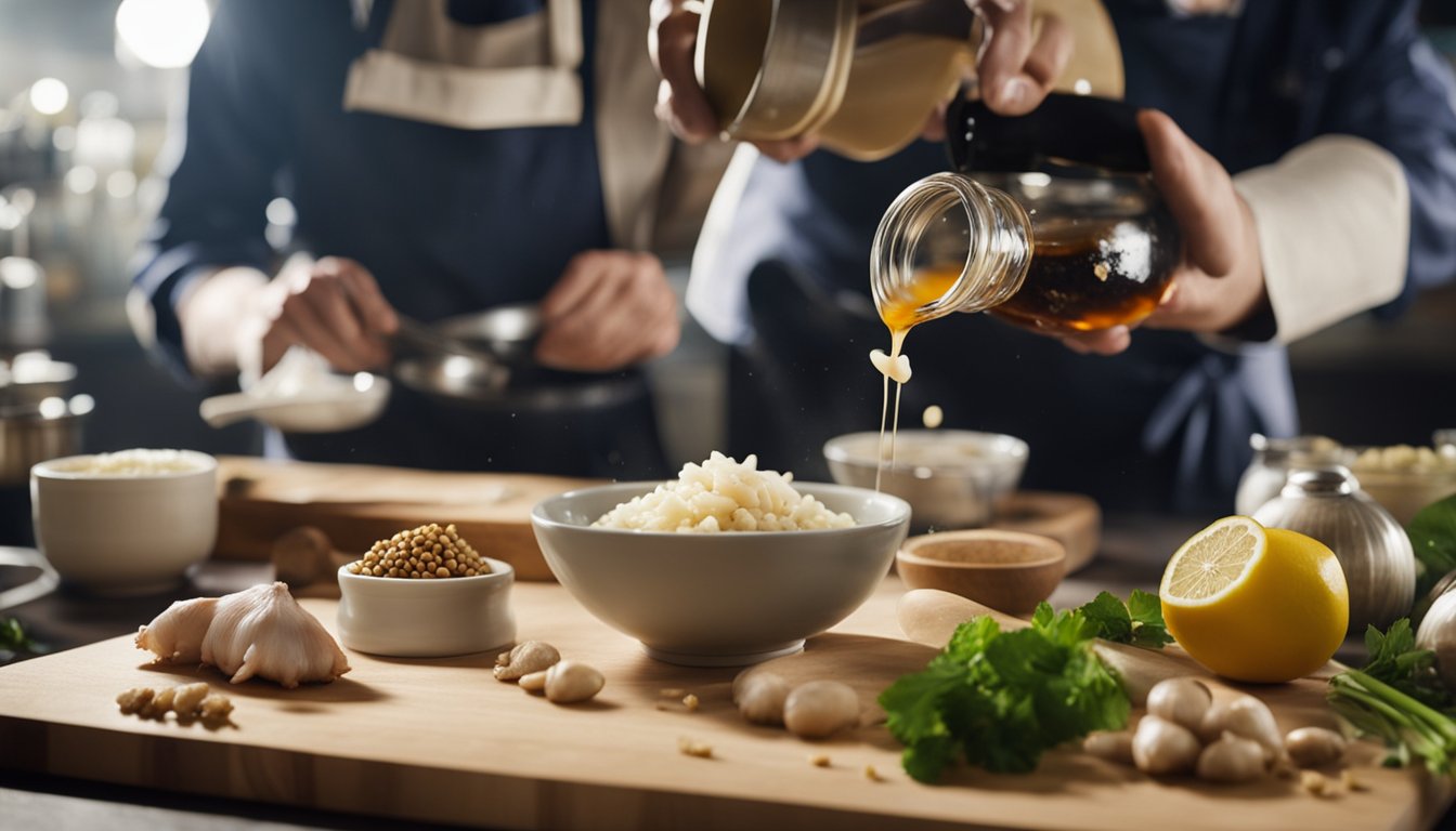 A chef mixes soy sauce, ginger, and garlic in a bowl, while a whole cod fish lays on a cutting board. Ingredients surround the fish
