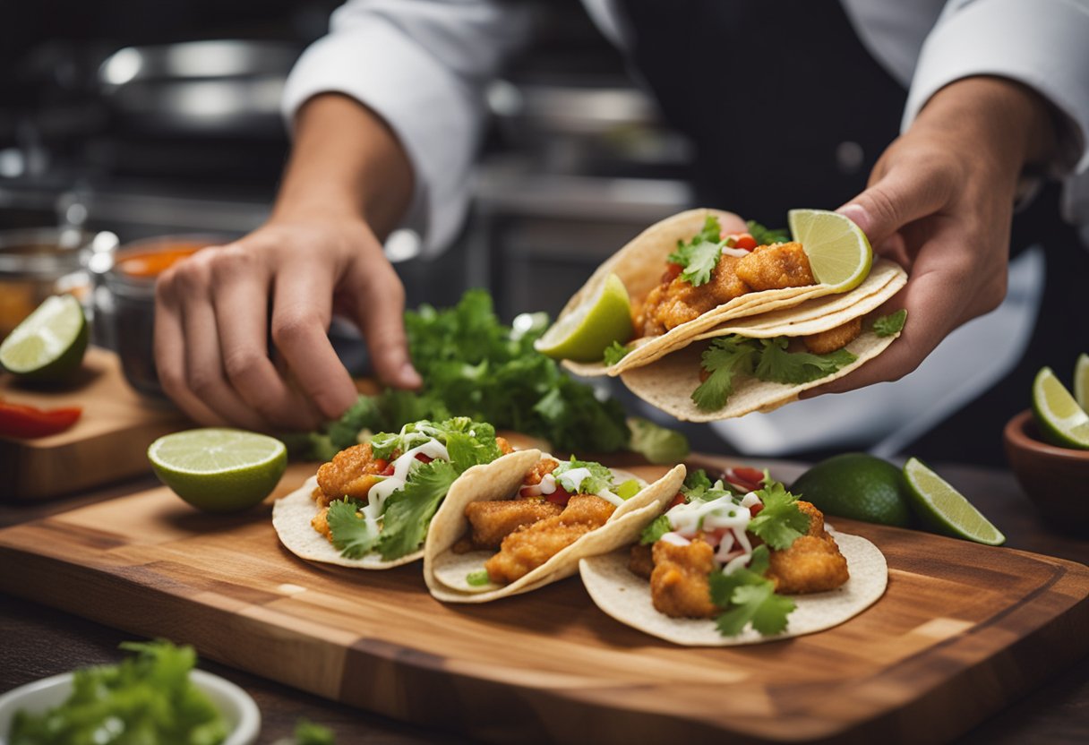 A chef prepares crispy fish tacos with colorful toppings and zesty sauces on a wooden cutting board