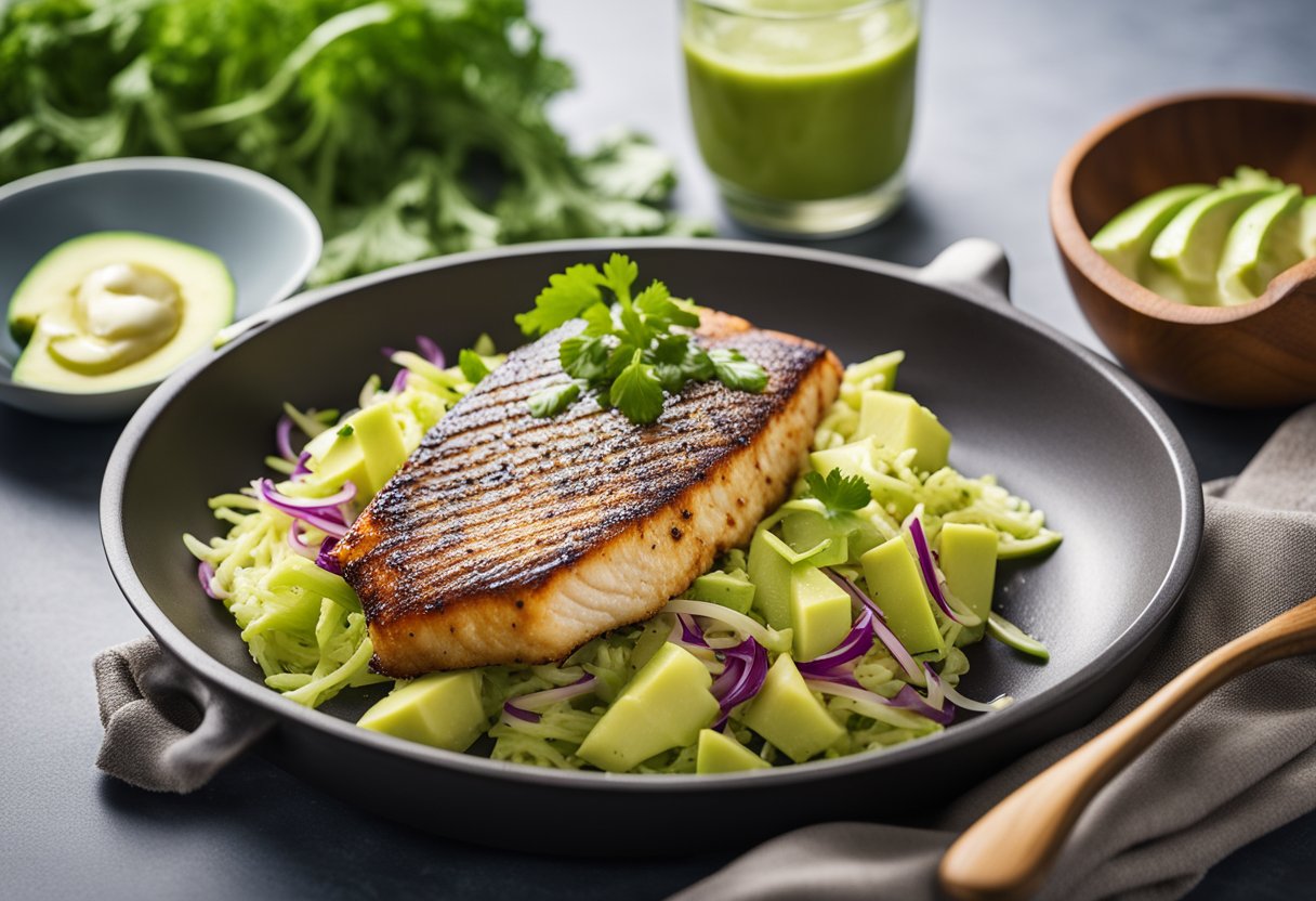 A sizzling pan with golden-brown fish fillets, surrounded by vibrant cabbage slaw and a side of creamy avocado sauce