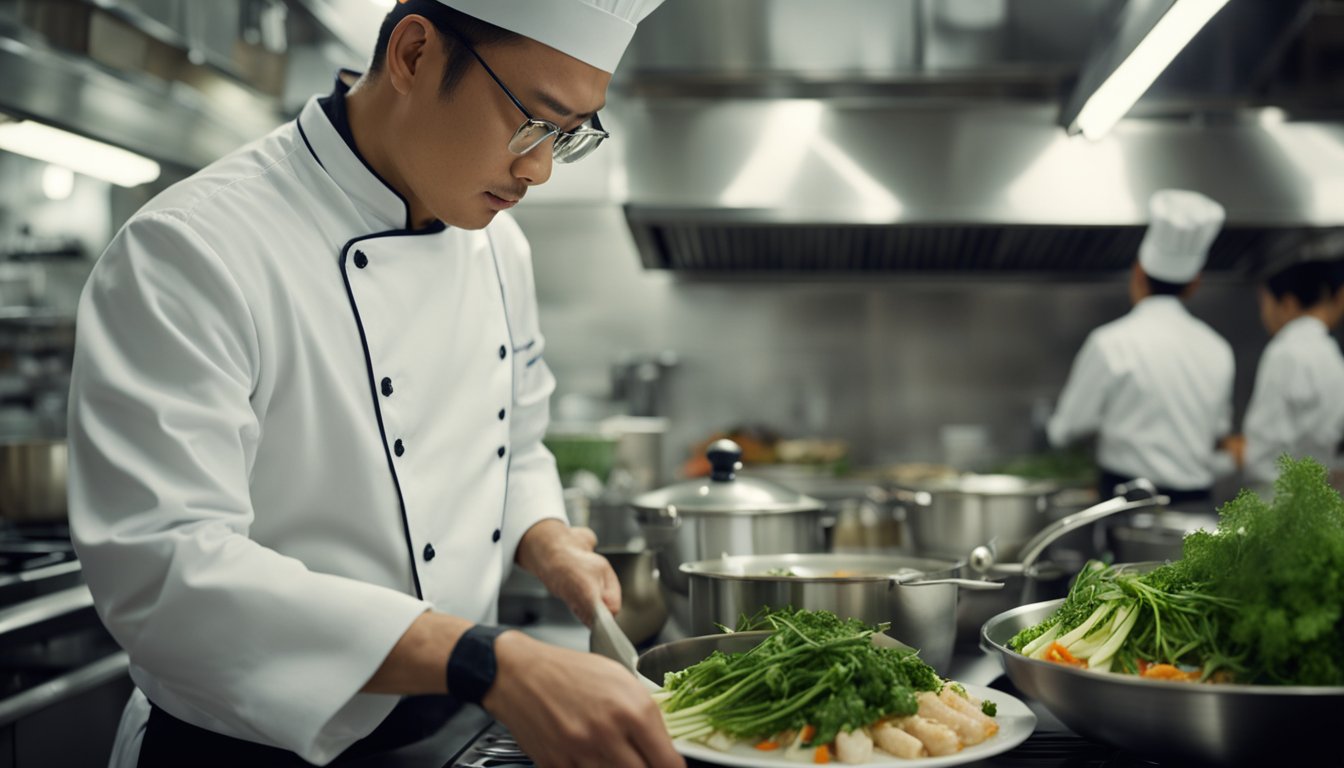 A chef prepares and serves a Chinese cod fish recipe in a bustling kitchen. Ingredients are chopped, seasoned, and cooked in a wok. The finished dish is elegantly plated and garnished with fresh herbs