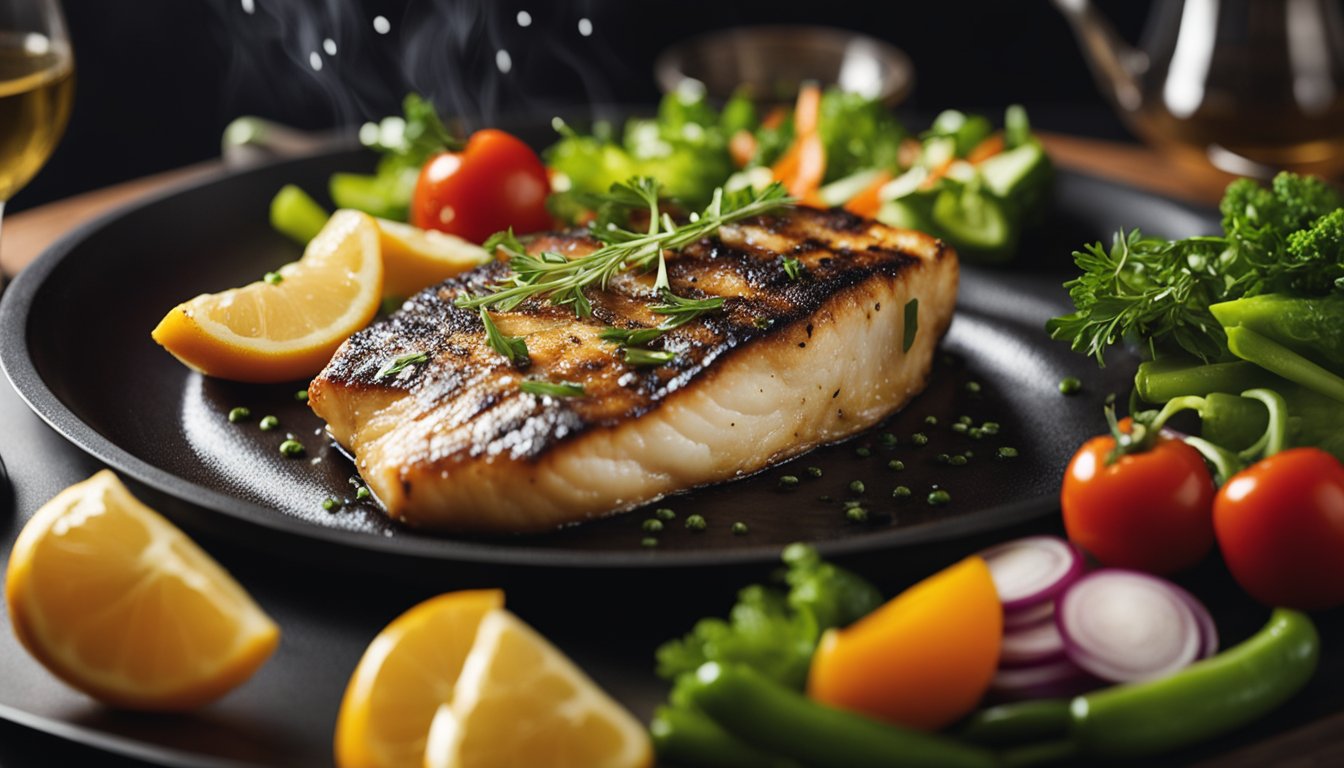 A chef grills cod fish on a sizzling hot pan, then elegantly plates the dish with a colorful array of fresh vegetables