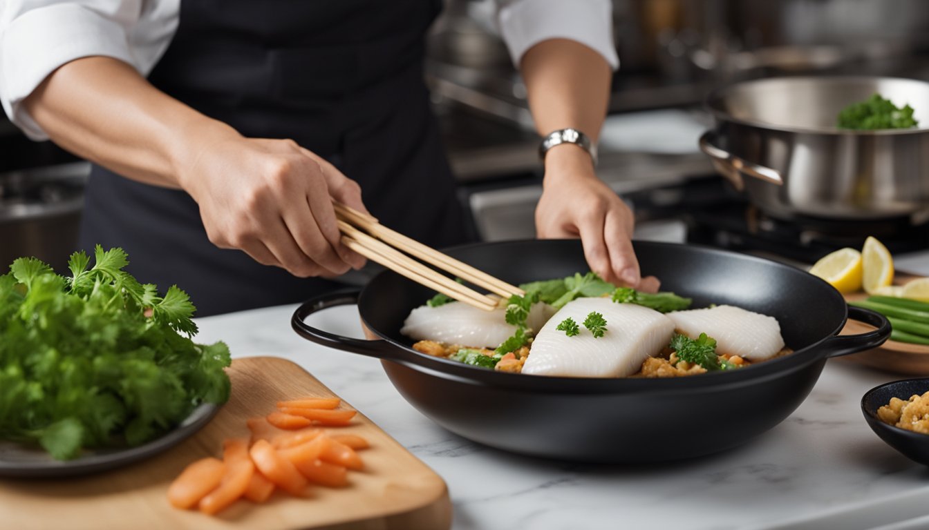 A chef preparing traditional Chinese cod fish recipe with a wok and various ingredients on a wooden kitchen counter