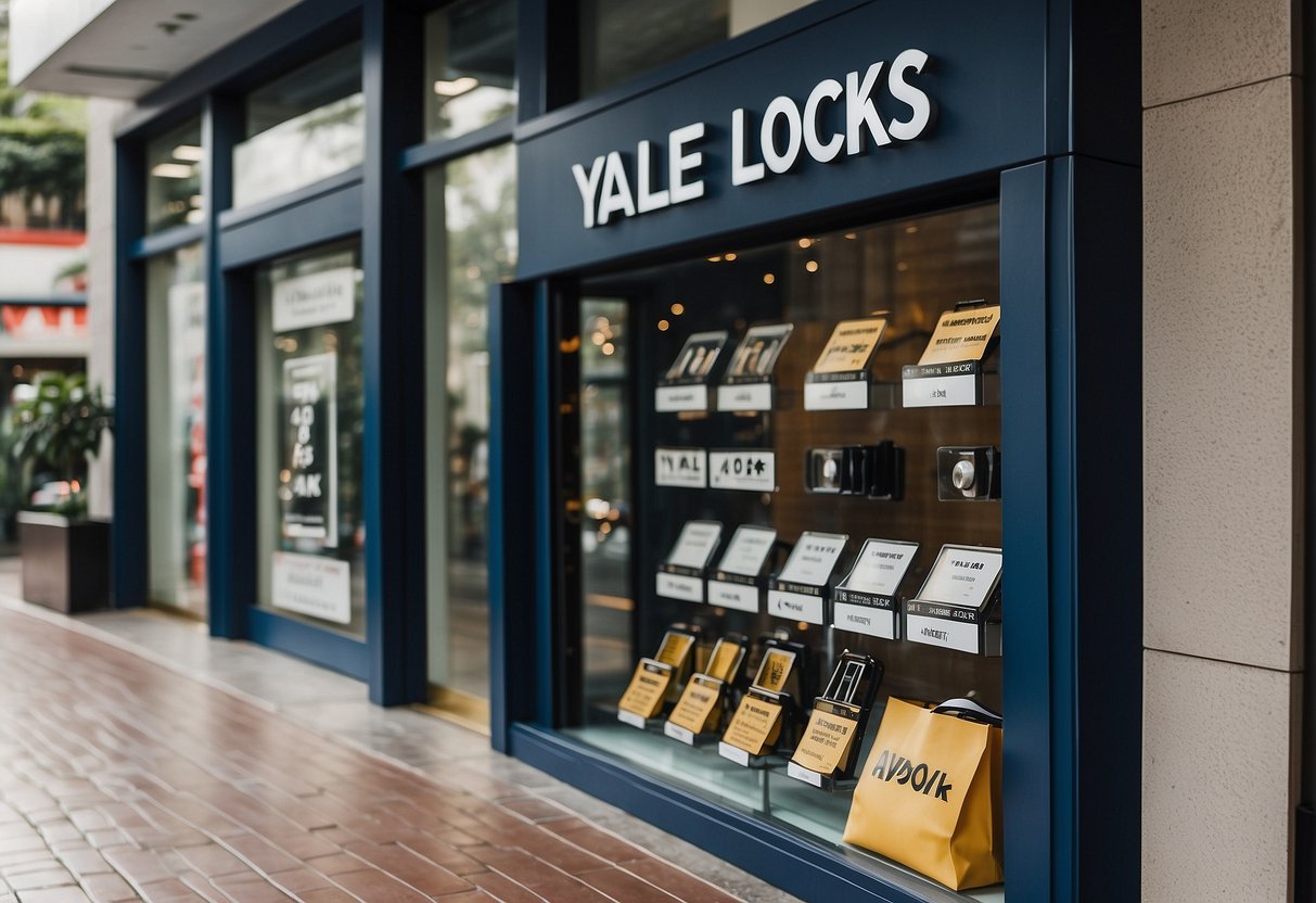 A storefront display featuring Yale locks with promotional signage in Singapore