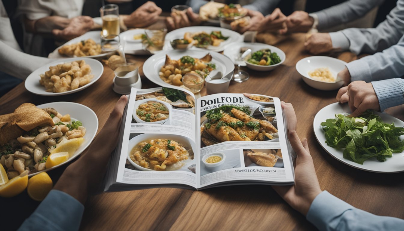 A table with various cod fish recipes printed out, surrounded by people reading and discussing them