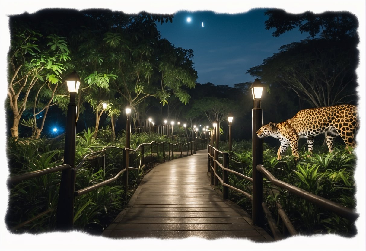 Animals roam under the moonlit sky at Night Safari, Singapore. Lights illuminate the pathways as visitors enjoy the unique experience