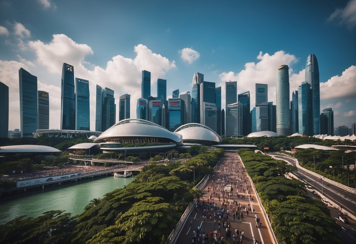 Vibrant cityscape with iconic Singapore landmarks, bustling streets, and a crowd of people enjoying Nu Skin promotions