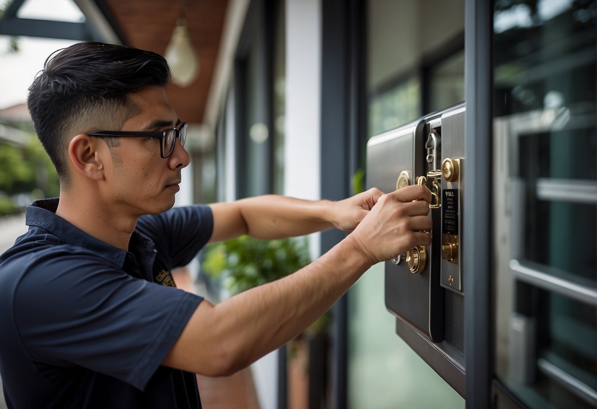 A technician installs Yale locks at a Singaporean residence, surrounded by promotional materials