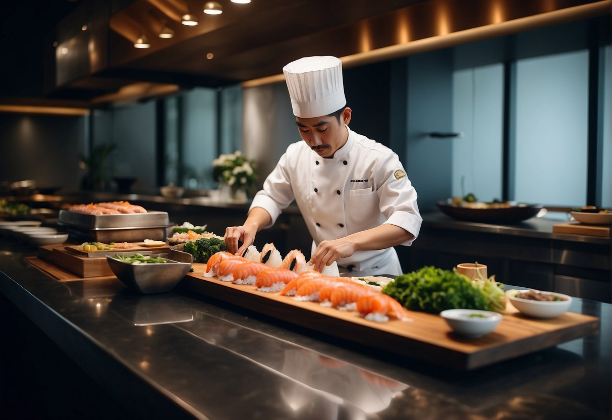 A chef prepares a variety of fresh, high-quality seafood and sushi in an elegant and minimalist setting, showcasing the art of omakase dining in Singapore
