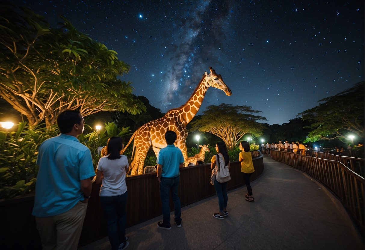 The Night Safari in Singapore, 2024, with glowing animal enclosures, a starry night sky, and visitors enjoying special promotions