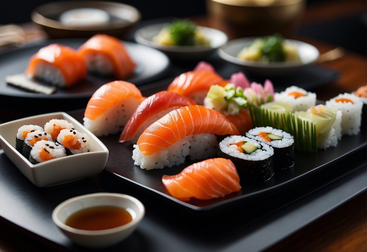 A luxurious sushi spread with elegant table settings and promotional signage for Exclusive 2024 Omakase Promotions in Singapore