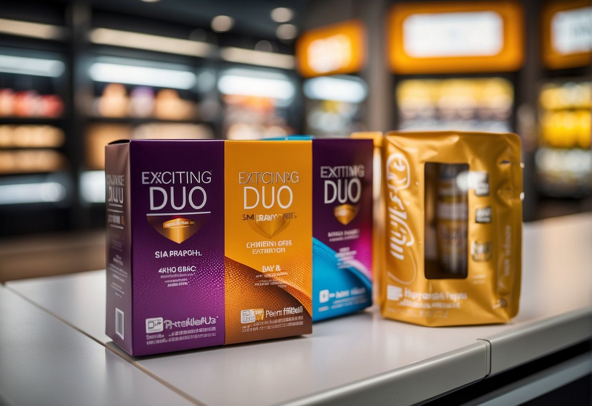 A vibrant display of two product packages with bold "Exciting Duo Pack Offers" signage in a bustling Singapore retail setting