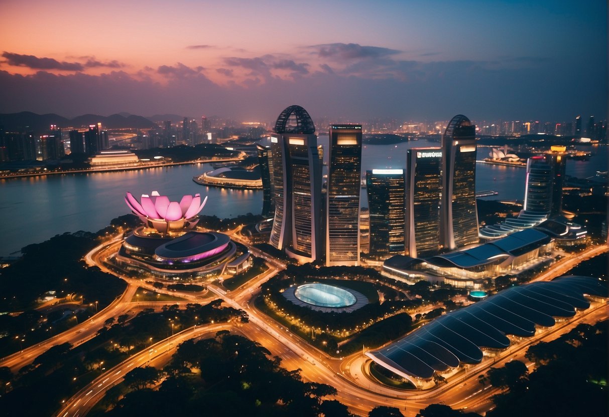A vibrant cityscape with iconic landmarks and bustling streets in Singapore, representing the energy and excitement of Young Hearts Promotions