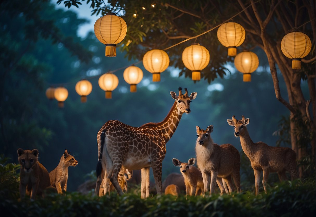 A group of animals gather under the moonlight, surrounded by glowing lanterns and signs advertising exclusive promotions and events for a night safari in Singapore
