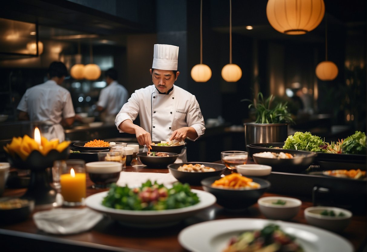 A chef prepares a multi-course omakase meal, surrounded by elegant table settings and ambient lighting in a modern Singaporean restaurant