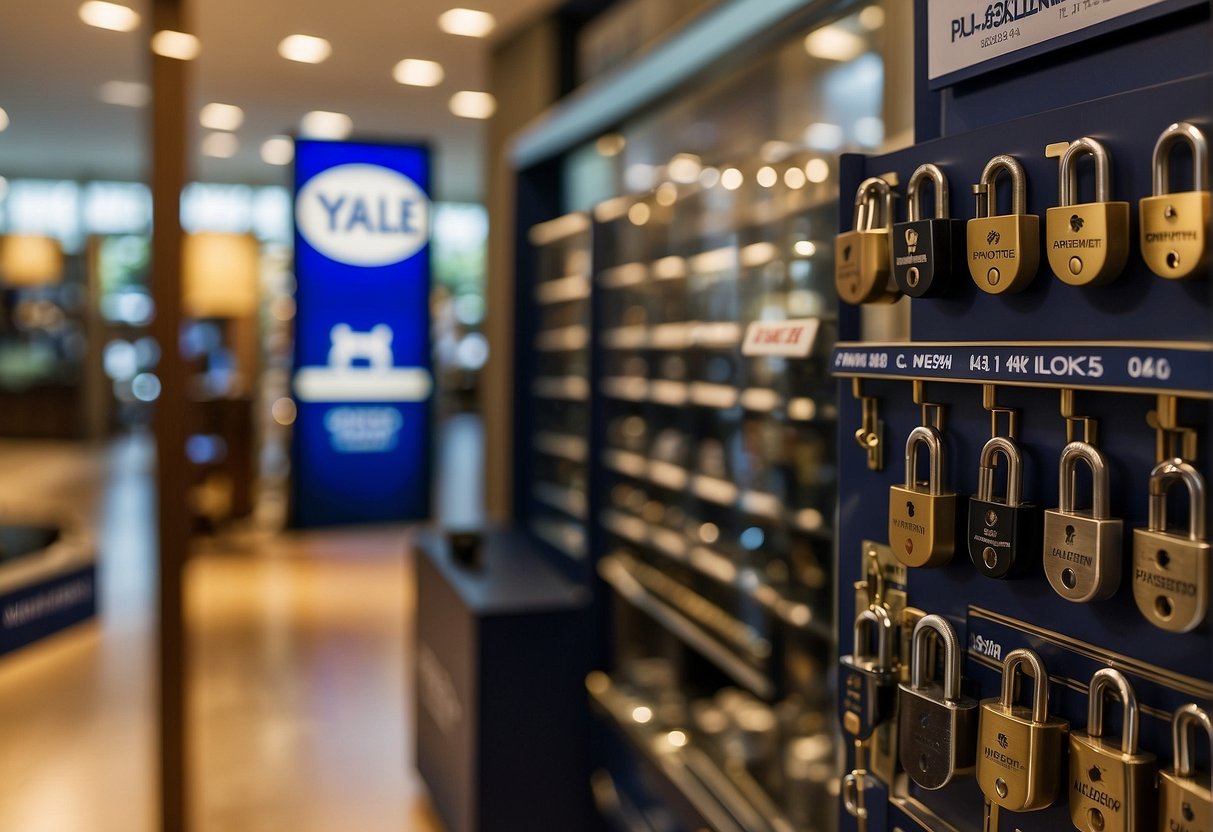 A display of Yale locks with promotional signage in a Singapore store