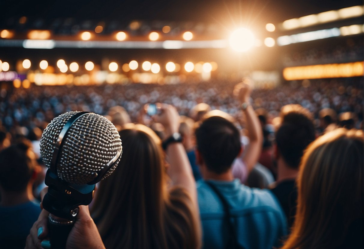 Crowds cheer at a Nashville stadium, music fills the air, and bright lights illuminate the stage at a lively entertainment event