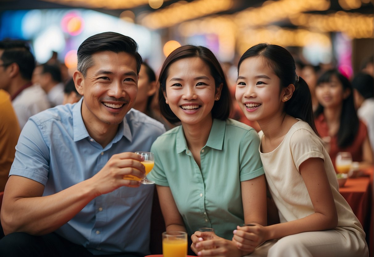 A vibrant family enjoying exclusive promotions at a Singaporean event. Bright colors, happy faces, and a lively atmosphere