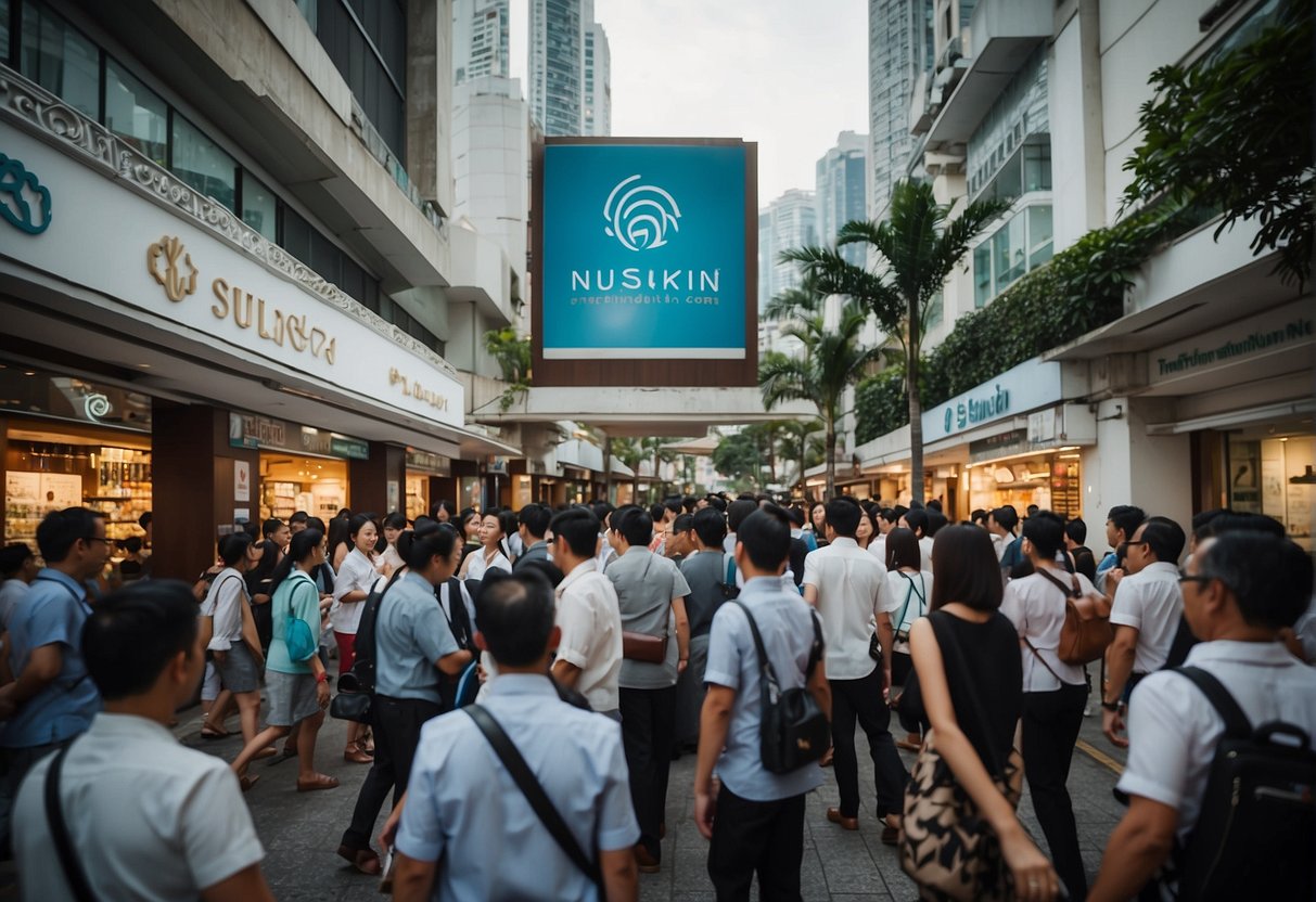 A bustling Singapore street with a prominent Nu Skin promotions banner, surrounded by curious onlookers and potential customers