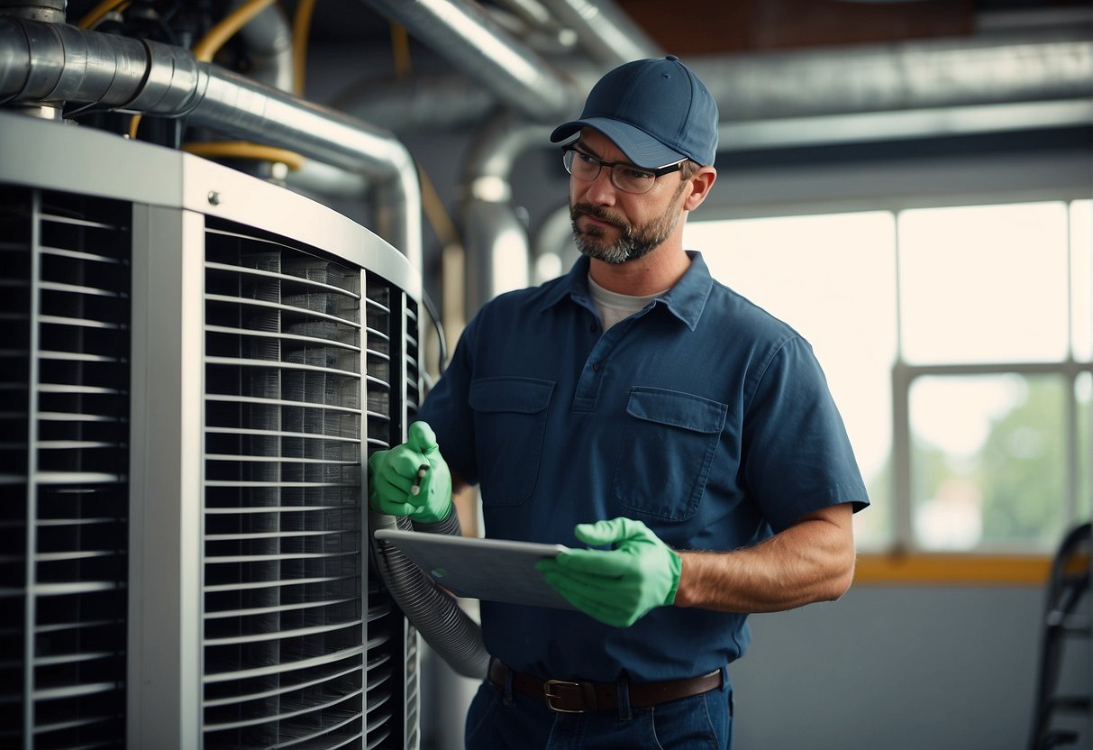 HVAC technician checking filters, cleaning coils, and inspecting ductwork for pre-season maintenance