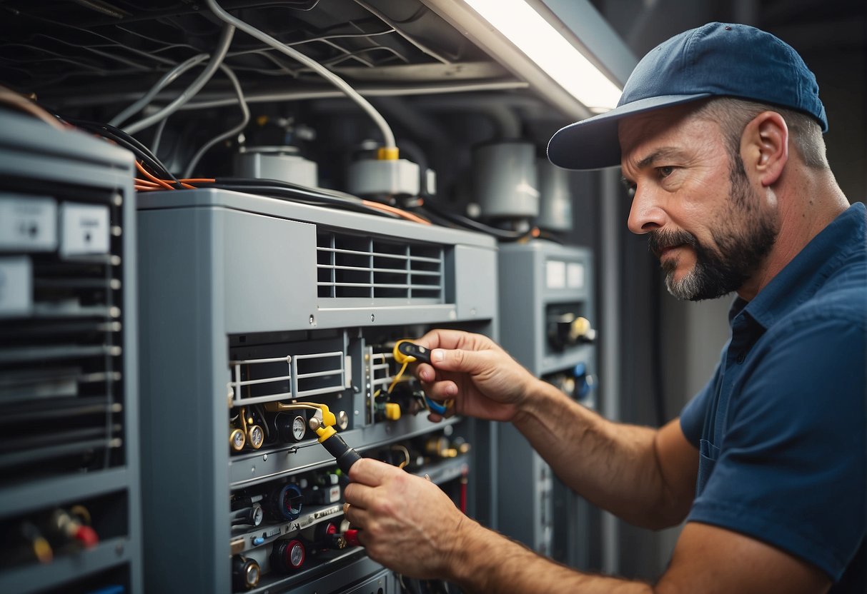 An HVAC technician inspects a system, checking filters, ducts, and electrical components for seasonal maintenance