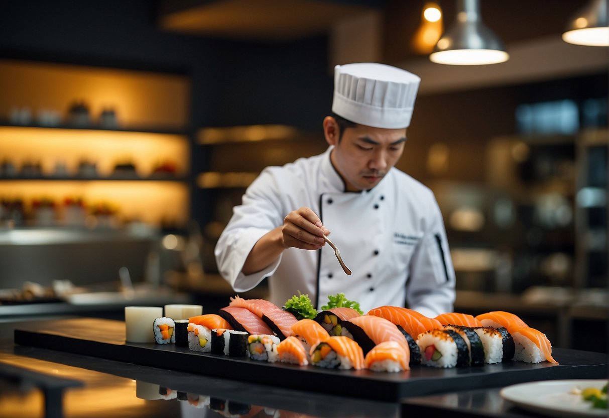 A chef prepares a variety of sushi dishes for omakase promotions in a sleek, modern restaurant in Singapore. The counter is lined with fresh, colorful ingredients and the chef's skilled hands swiftly create each masterpiece