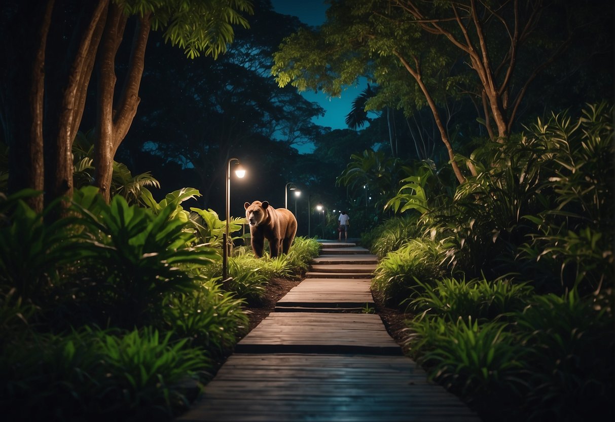Animals roam under the moonlit sky, surrounded by lush greenery and illuminated pathways at the night safari in Singapore