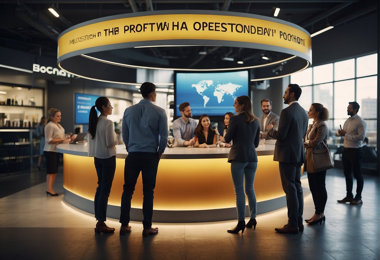 A group of people gathered around a promotional booth, asking questions and engaging with the staff. Bright signage and promotional materials are visible