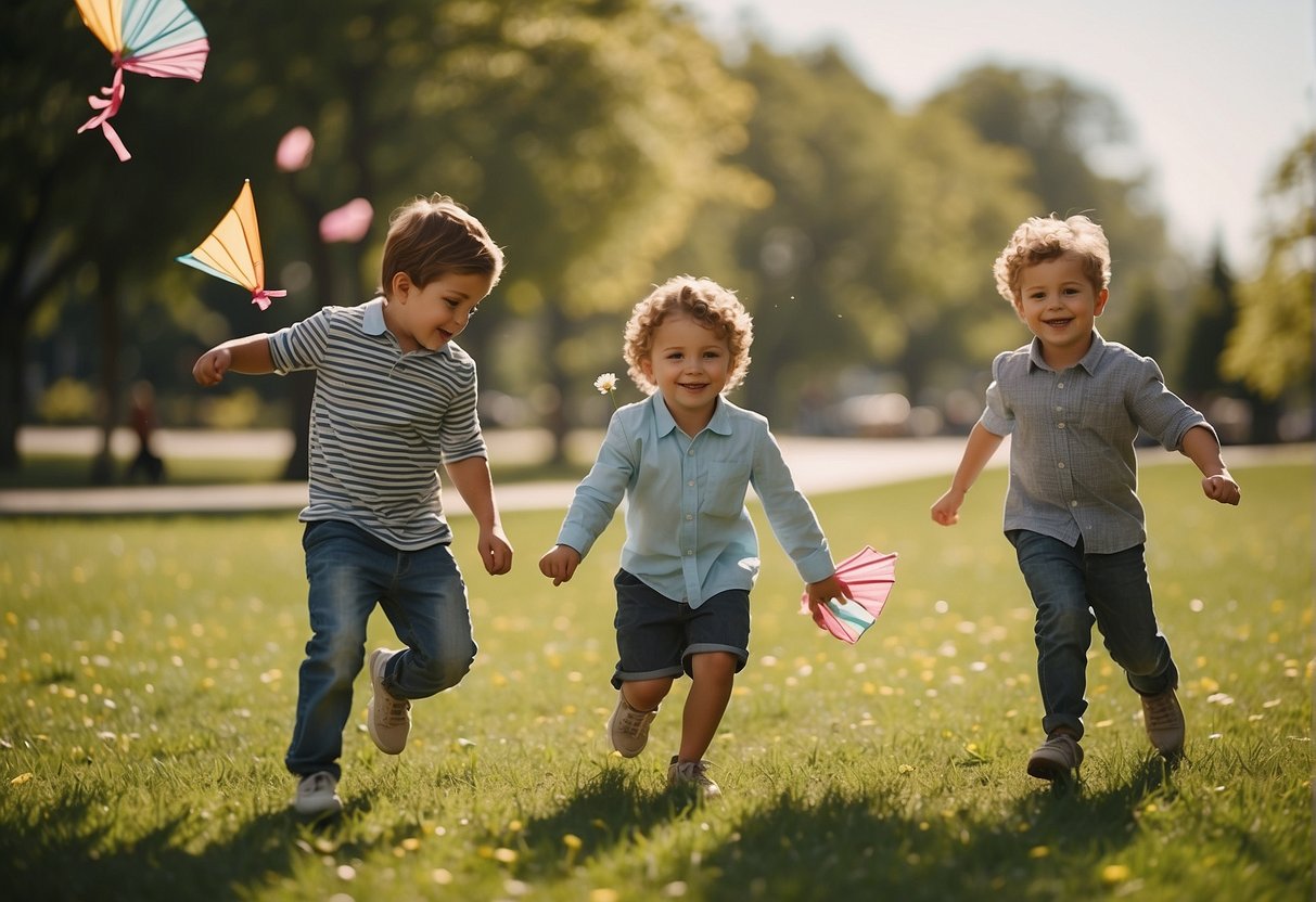 Children playing in a park, flying kites, throwing frisbees, and riding bikes on a sunny day. Trees and flowers in bloom, birds flying in the sky