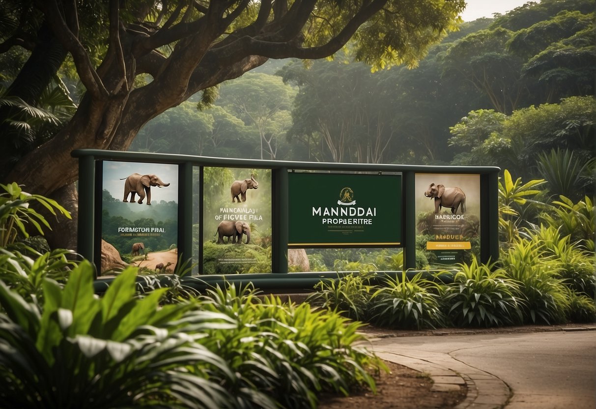 Animals gather around a sign promoting the latest promotions at Mandai Wildlife Reserve. The lush greenery of the Singapore Zoo provides a vibrant backdrop