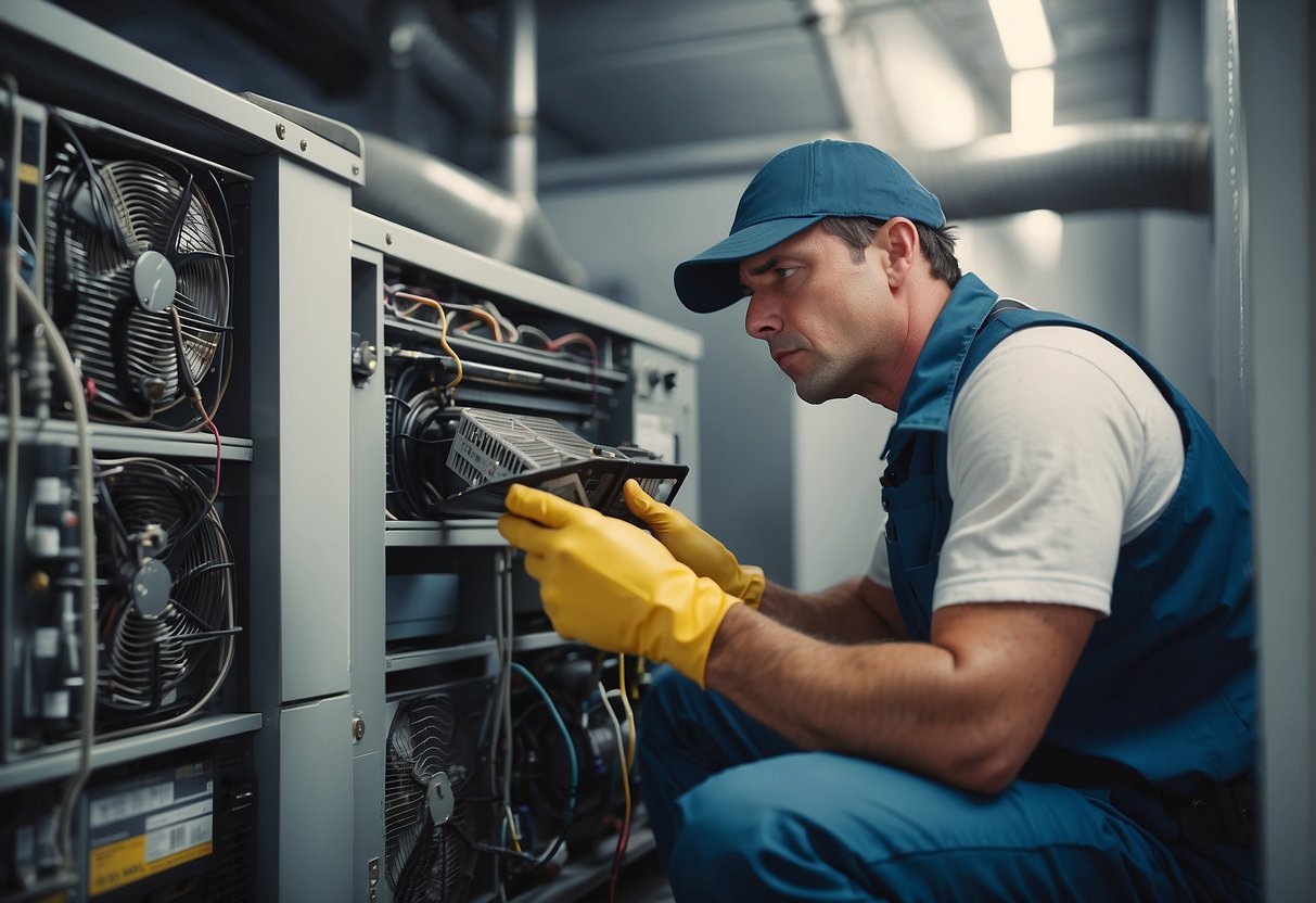 A technician performing routine maintenance on an HVAC system, checking filters, cleaning coils, and inspecting ductwork for signs of wear and tear