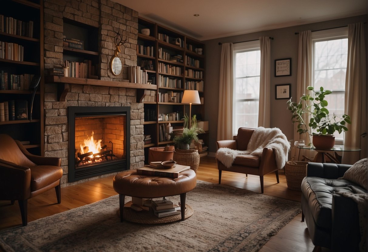 A cozy living room with a crackling fireplace, a bookshelf filled with books, a warm rug, and a comfortable chair