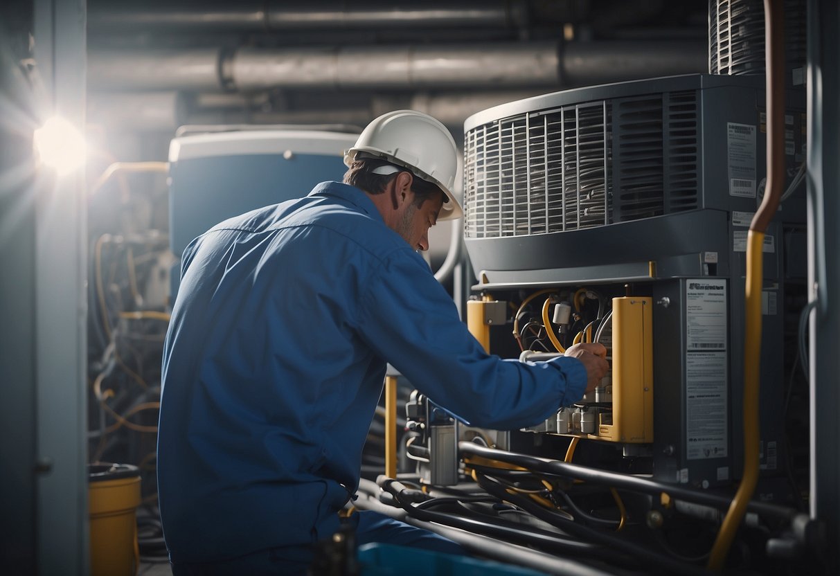 A technician performing routine maintenance on an HVAC unit, cleaning coils and changing filters to ensure longevity and efficiency