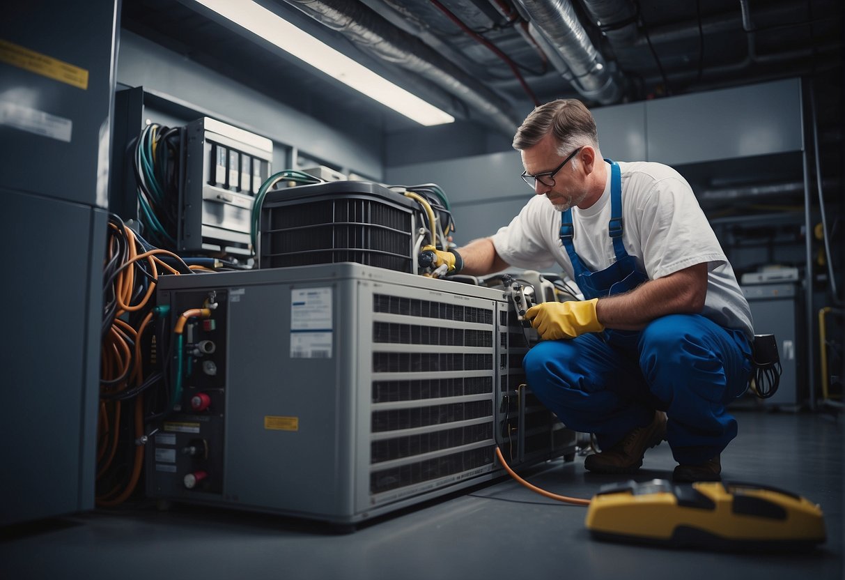 A technician performs maintenance on an HVAC system, inspecting and cleaning components. Tools and equipment are scattered around the work area