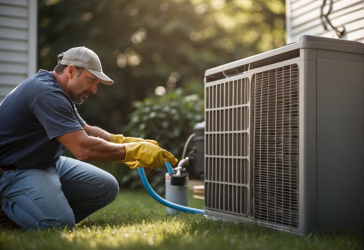 A homeowner changing HVAC filter, cleaning vents, and inspecting outdoor unit. Tools and cleaning supplies nearby. Professional service van in background