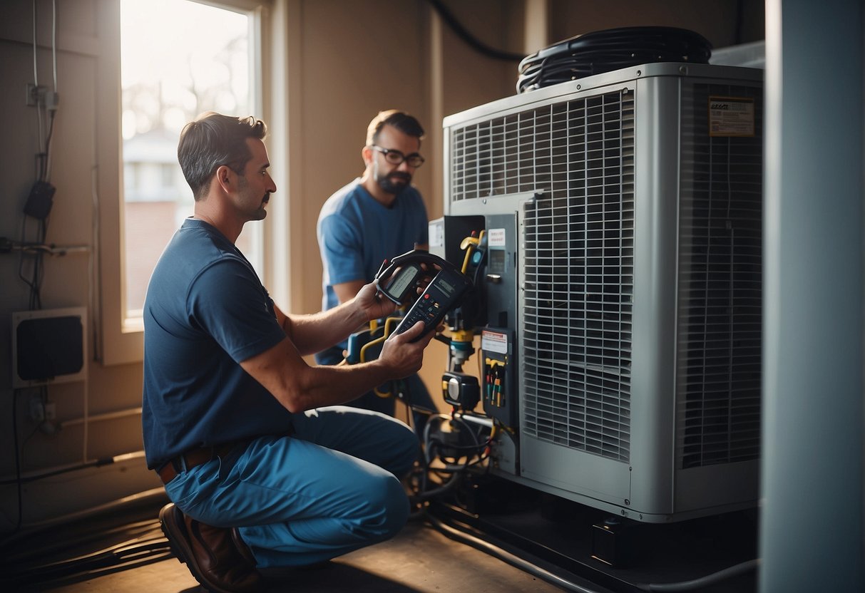 A technician inspecting an HVAC system with tools and equipment, while a homeowner looks on. The technician is checking the unit for maintenance or repairs