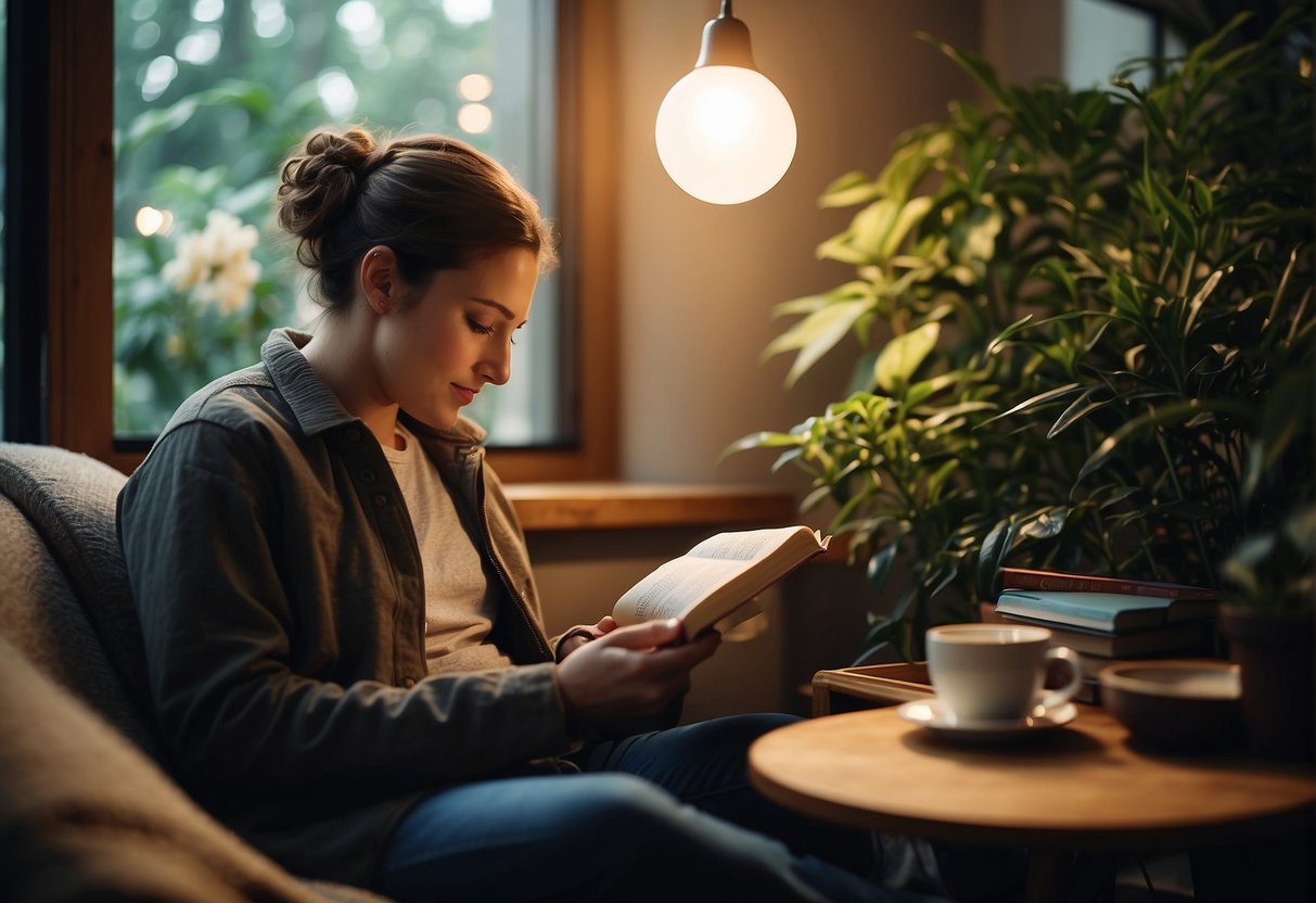 A person sitting in a cozy corner, reading a book with a cup of tea beside them, surrounded by plants and soft lighting