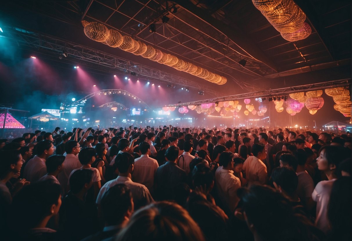 Crowds dance under neon lights, DJs spin, and drinks flow at a vibrant nightlife event in Singapore