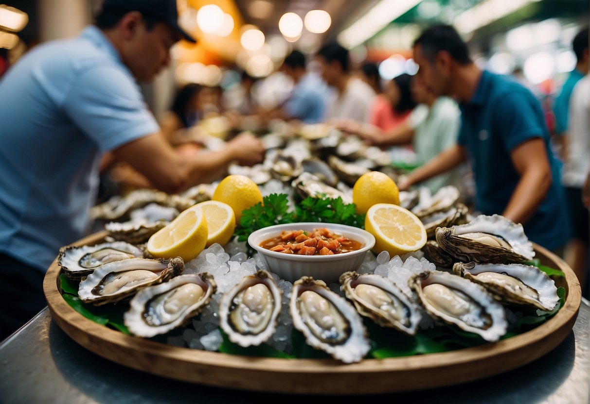 A table filled with fresh oysters, surrounded by promotional signage and happy customers enjoying the seafood delicacies in a bustling Singapore market