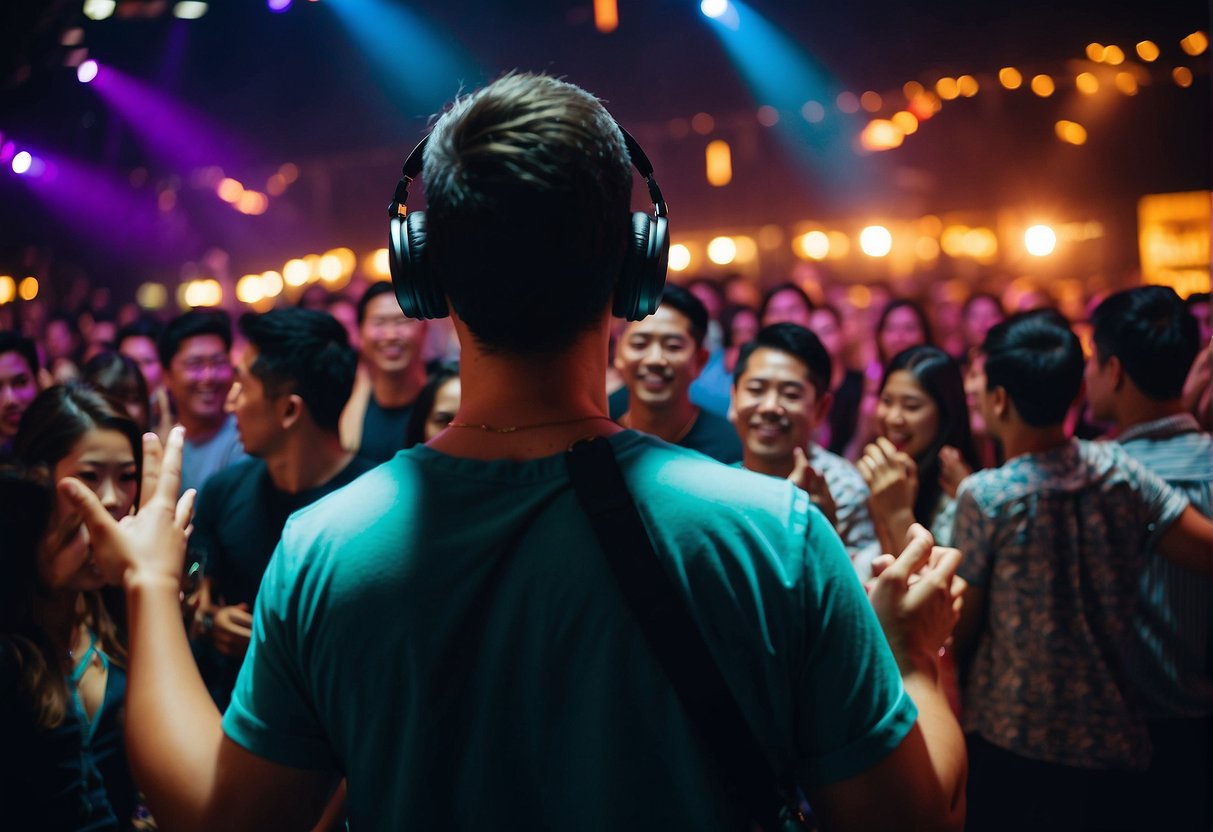 A vibrant crowd dances under colorful lights at a zouk promotions event in Singapore. The DJ booth and bar are bustling with activity