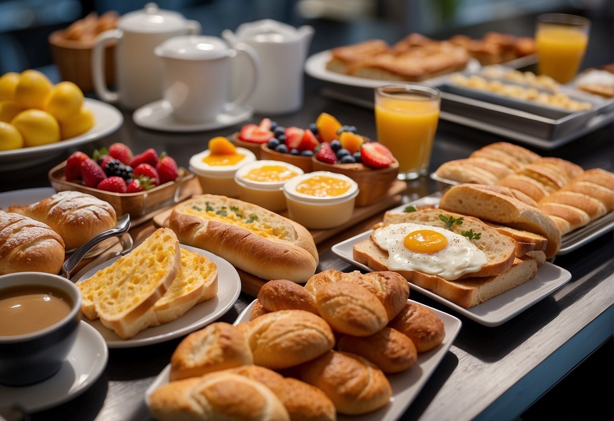 A table at Paris Baguette displays a spread of breakfast promotions in Singapore, including pastries, coffee, and sandwiches