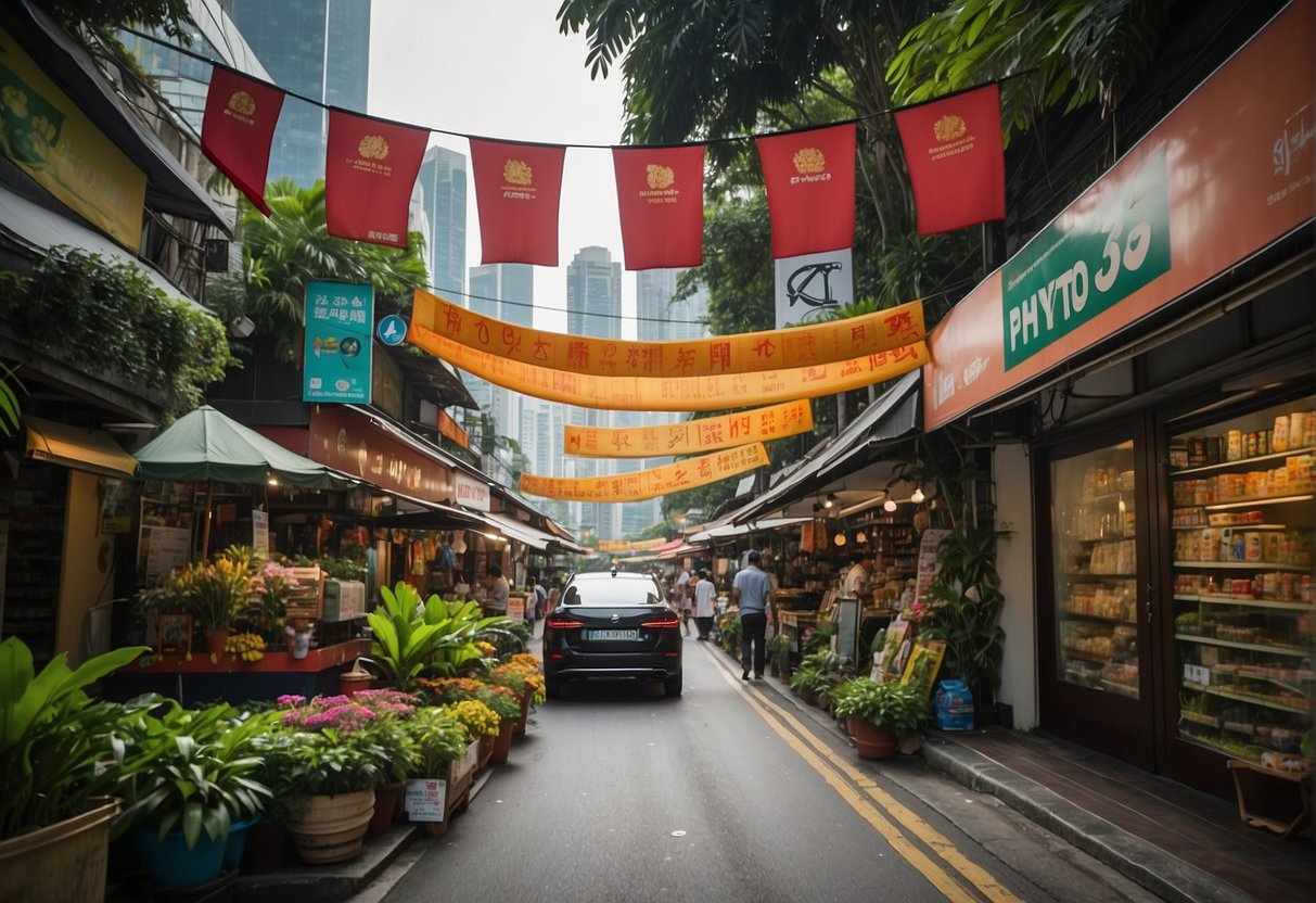 A bustling street in Singapore, lined with vibrant greenery and colorful banners promoting phyto products. The air is filled with the sounds of chatter and the scent of fresh botanicals