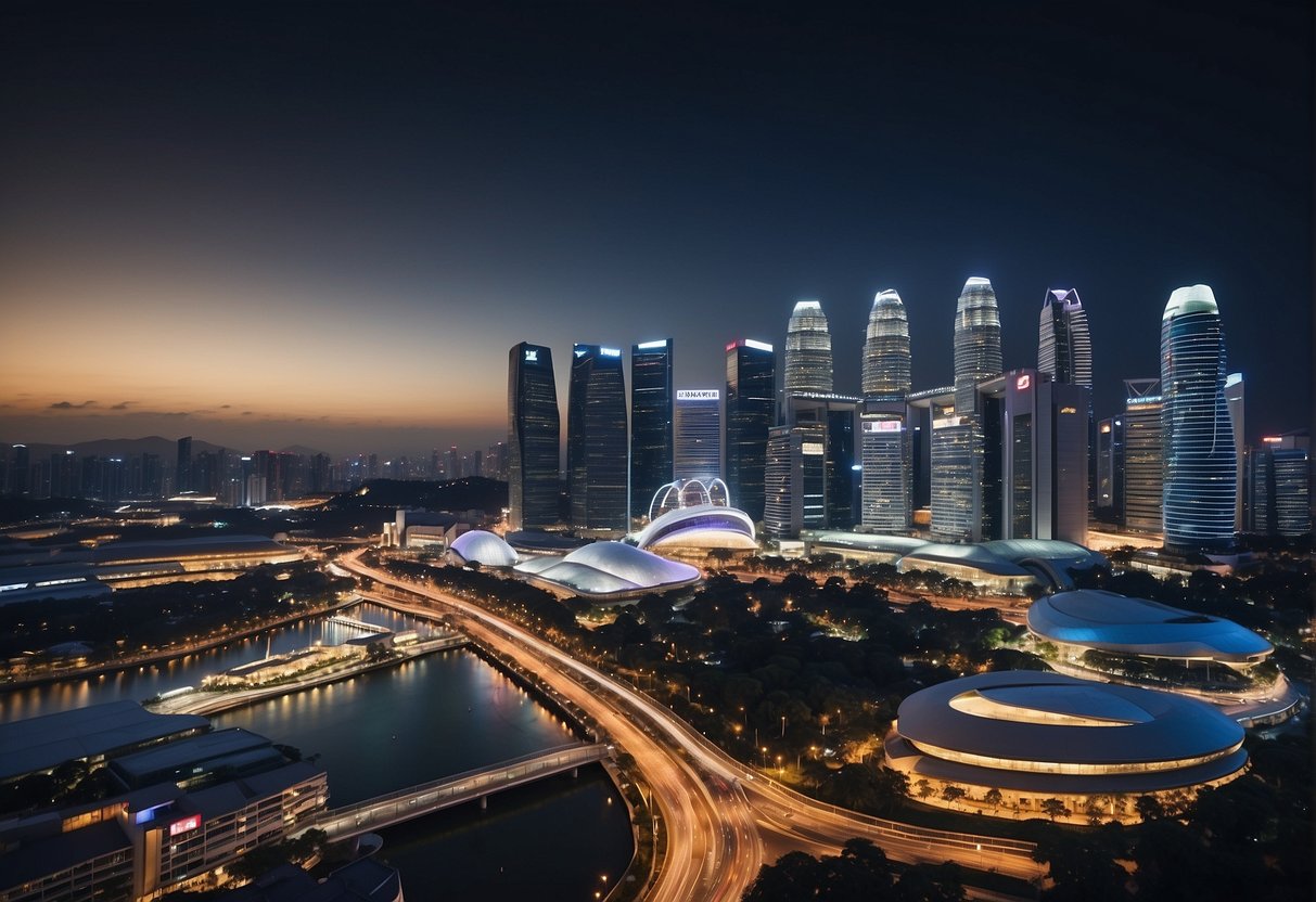 A bustling Singapore cityscape with iconic landmarks and Pegipegi promotions displayed on billboards and digital screens