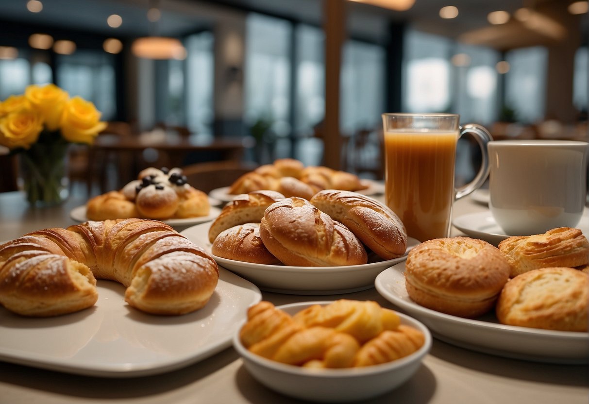 A table adorned with a variety of freshly baked pastries and bread, accompanied by steaming cups of coffee and juice. A sign prominently displays the current breakfast promotions at Paris Baguette in Singapore