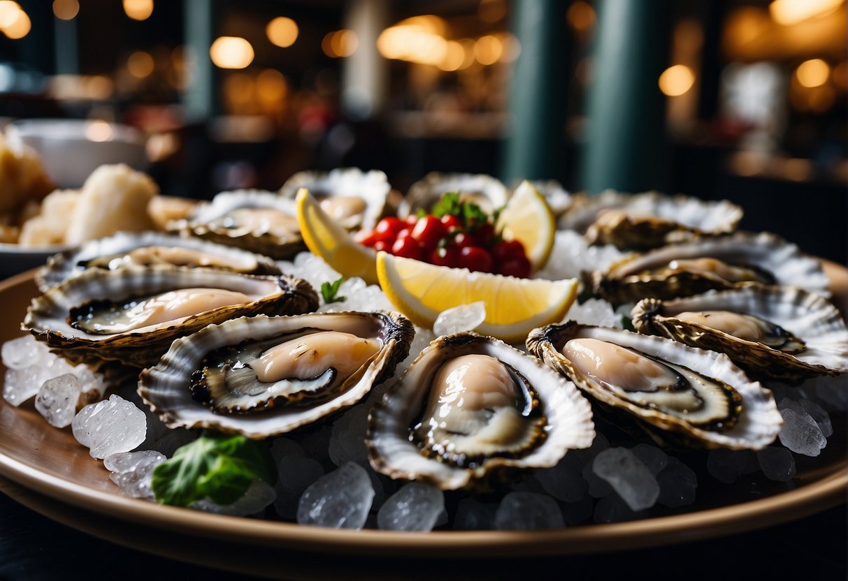 A table filled with fresh oysters, surrounded by promotional signs in a bustling Singaporean seafood restaurant
