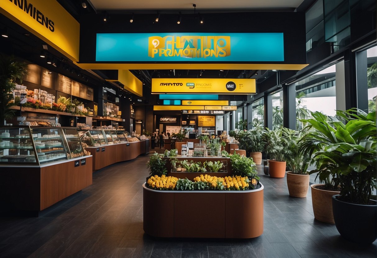 A vibrant venue with promotional banners and signage for Phyto promotions in Singapore